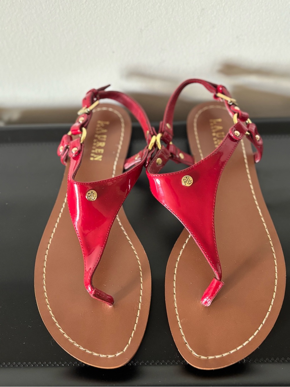 Ralph Lauren Glossy Red Patent T-Strap Sandals